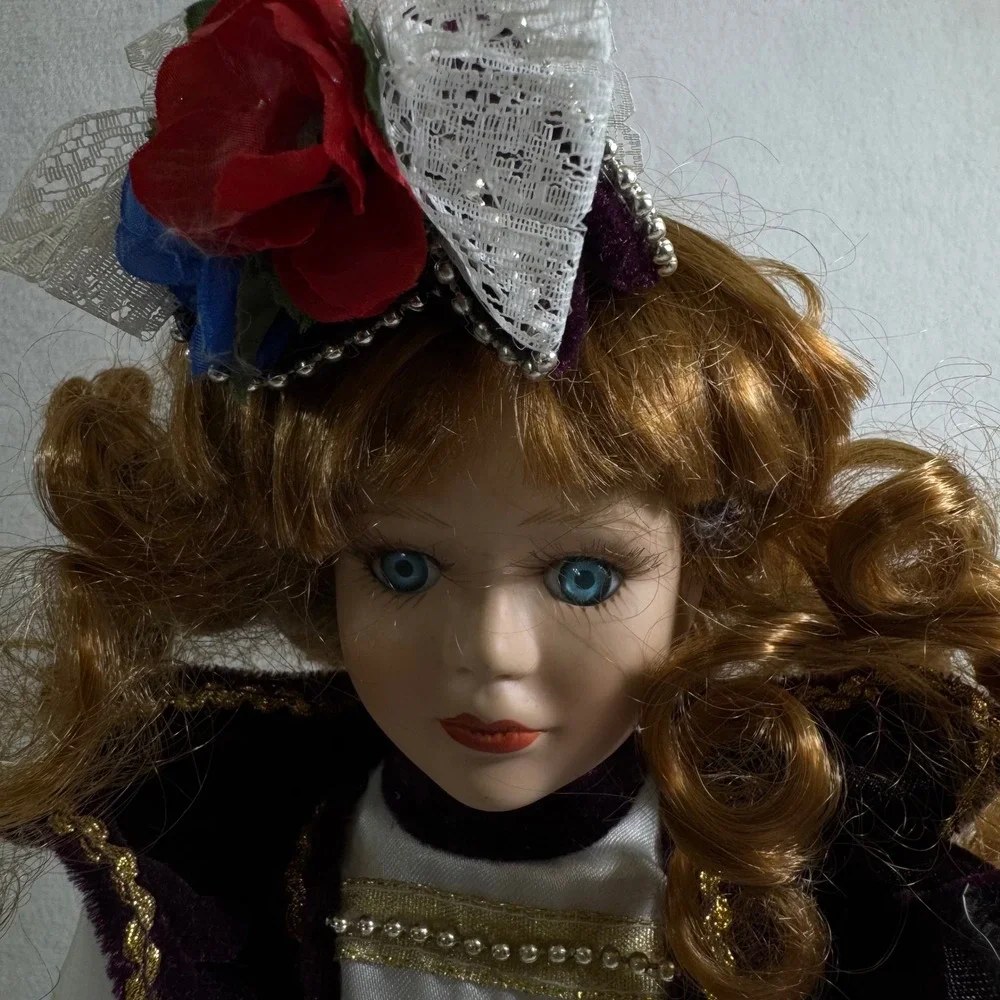 VTG Porcelain Doll‎ Auburn Hair Blue Eyes Victorian Dress Miniature Umbrella